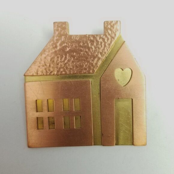 Vintage Hallmark Copper and Brass House with Heart Brooch, Signed HMK, Estate - Picture 1 of 7